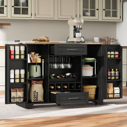 Desserte De Cuisine - Plateau Rabattable - Rangements - Étagères - Porte-serviettes - Mdf - Noir