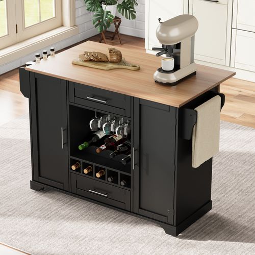 Desserte De Cuisine - Plateau Rabattable - Rangements - Étagères - Porte-serviettes - Mdf - Noir