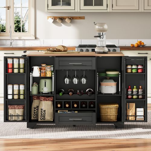 Desserte De Cuisine - Plateau Rabattable - Rangements - Étagères - Porte-serviettes - Mdf - Noir