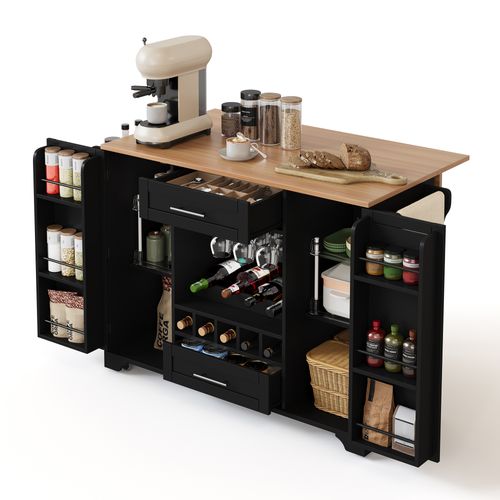 Desserte De Cuisine - Plateau Rabattable - Rangements - Étagères - Porte-serviettes - Mdf - Noir
