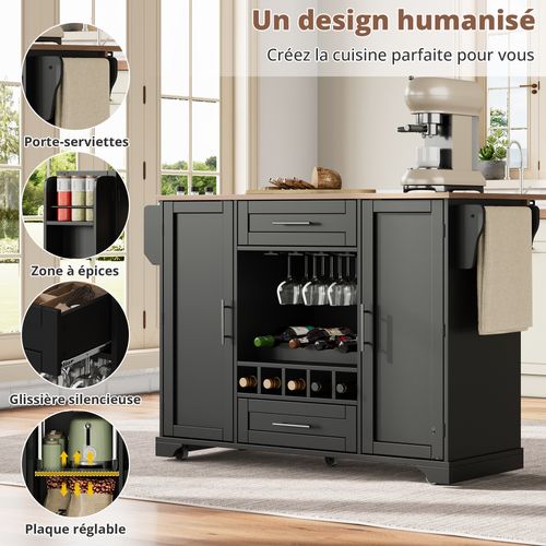 Desserte De Cuisine - Plateau Rabattable - Rangements - Étagères - Porte-serviettes - Mdf - Noir