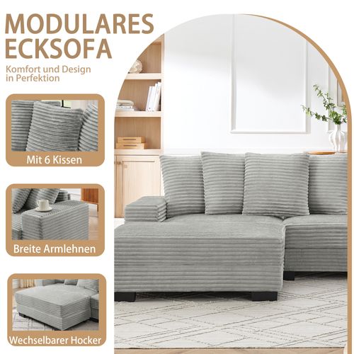 Canapé D’angle Modulable - 4 Places Avec 6 Coussins Inclus - Velours Côtelé - Gris