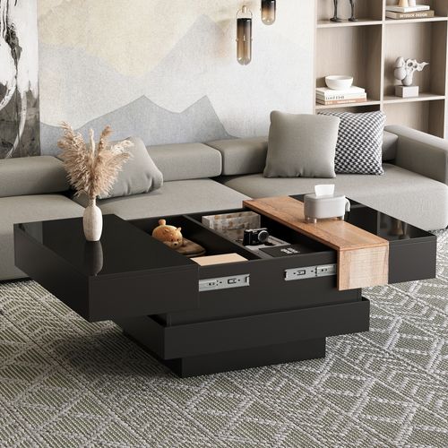 Table Basse Table Basse Extensible Avec Rangement Intégré - Design Carré Bicolore, 70x70x39 Cm,noir