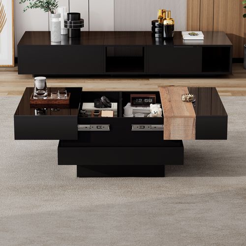 Table Basse Table Basse Extensible Avec Rangement Intégré - Design Carré Bicolore, 70x70x39 Cm,noir