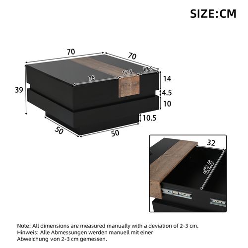 Table Basse Table Basse Extensible Avec Rangement Intégré - Design Carré Bicolore, 70x70x39 Cm,noir