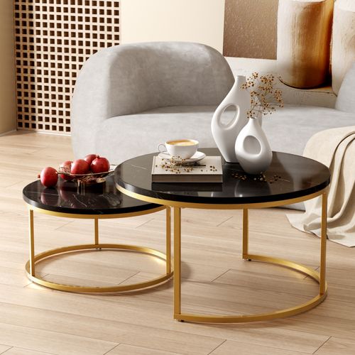 Tables Basses Gigognes - Lot De 2 - Tables D’appoint Emboîtables - Design Moderne - Or Et Noir