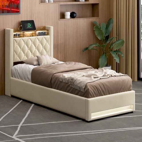 Lit simple 90x200 cm - Capitonné en velours beige - Coffre de rangement - Éclairage LED - Port USB