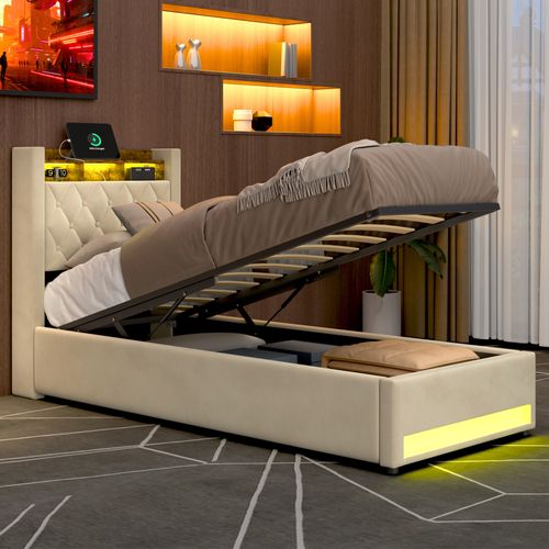 Lit simple 90x200 cm - Capitonné en velours beige - Coffre de rangement - Éclairage LED - Port USB