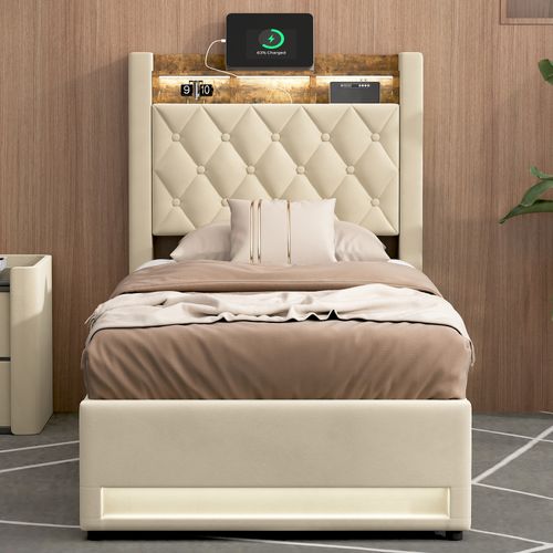 Lit simple 90x200 cm - Capitonné en velours beige - Coffre de rangement - Éclairage LED - Port USB