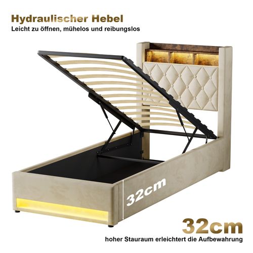 Lit simple 90x200 cm - Capitonné en velours beige - Coffre de rangement - Éclairage LED - Port USB