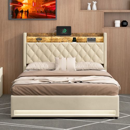 Lit Double Capitonné 160x200 Cm Avec Coffre, Ports USB Et LED - Velours Beige