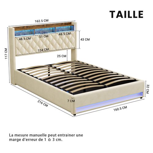 Lit Double Capitonné 160x200 Cm Avec Coffre, Ports USB Et LED - Velours Beige