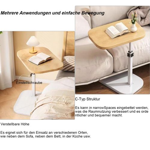 Table De Canapé C-forme - Hauteur Réglable - Plateau Pivotant 360° - Métal Et Bois - Bois Naturel