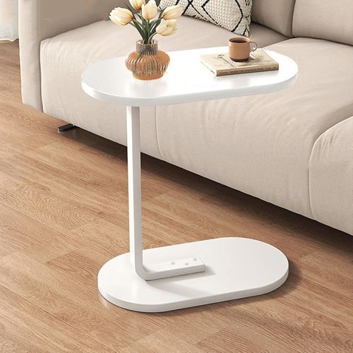 Table De Canapé Ovale - Mini Table Mobile - Plateau Bois - Cadre Métal - Blanc