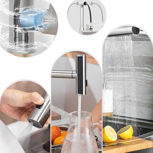 Robinet De Cuisine - Mitigeur Évier Avec Tête Extensible Et Pivot 360° - Acier Inoxydable - Argent
