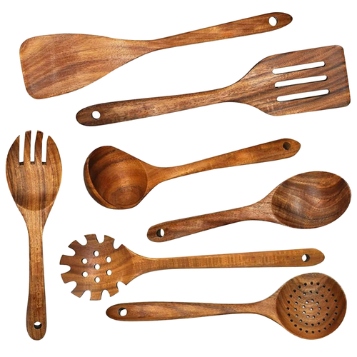 Ustensiles De Cuisine - Ensemble 7 Pièces Avec Spatules, Louche Et Cuillères - Stable - Naturel