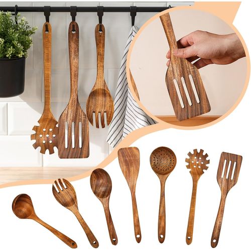 Ustensiles De Cuisine - Ensemble 7 Pièces Avec Spatules, Louche Et Cuillères - Stable - Naturel