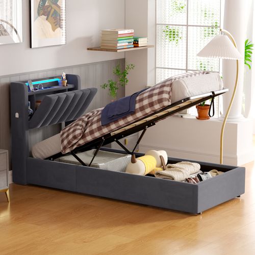 Lit Rembourré 90x200 Cm - Système Hydraulique - LED - USB - Facile d'entretien - Velours -Gris Foncé