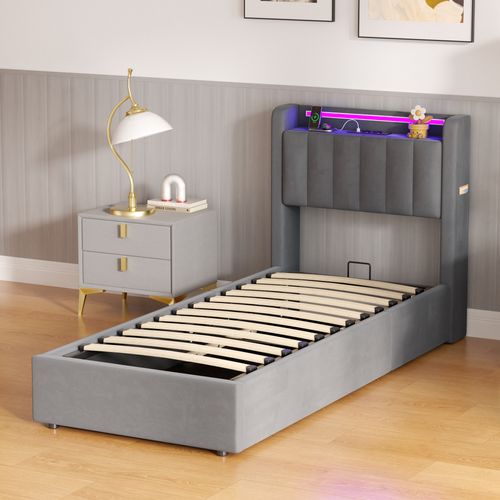 Lit Rembourré 90x200 Cm - Système Hydraulique - LED - USB - Facile d'entretien - Velours -Gris Foncé