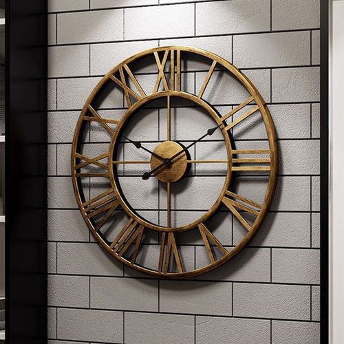 Grande Horloge Murale 50 Cm - Style Vintage - Silencieuse - Chiffres Romains - Métal - Marron