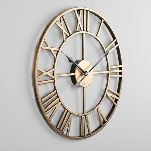 Grande Horloge Murale 50 Cm - Style Vintage - Silencieuse - Chiffres Romains - Métal - Marron