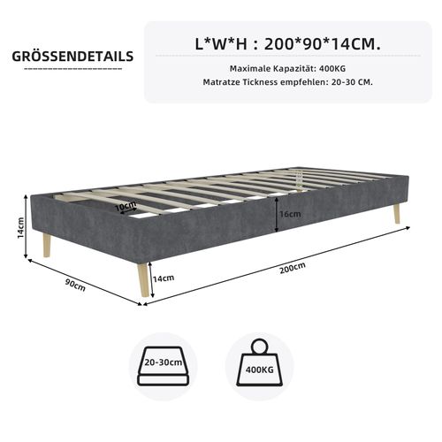 Lit Simple 90x200 Cm - Lit Adulte Bas Design Moderne - Velours Gris