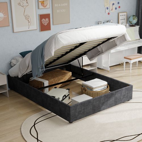 Lit Coffre 160×200 Cm - Velours Hollandais - Système De Vérin - Velours - Gris