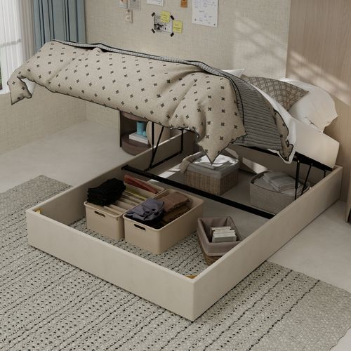 Lit Coffre Double 140×200 Cm - Chambre Ado - Vérin - Velours Doux - Beige