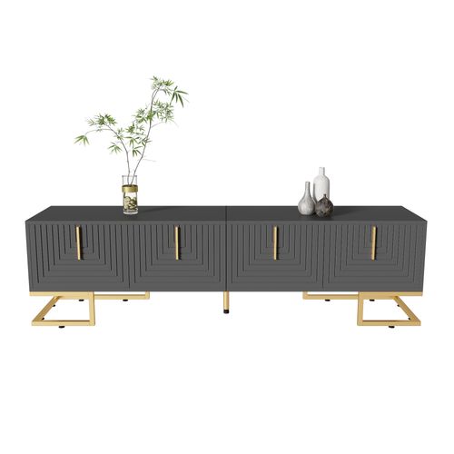 Meuble TV - 4 Portes - Poignées Dorées - Pieds Métalliques - Panneaux De Particules - Gris