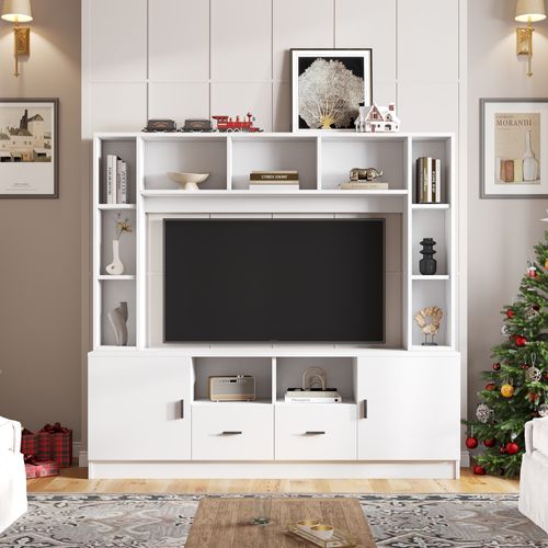 Meuble TV Mural Avec Portes, Tiroirs Et Niches De Rangement, Panneau De Particules, Blanc