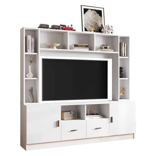 Meuble TV Mural Avec Portes, Tiroirs Et Niches De Rangement, Panneau De Particules, Blanc