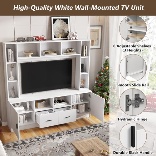 Meuble TV Mural Avec Portes, Tiroirs Et Niches De Rangement, Panneau De Particules, Blanc