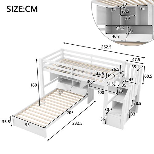 Lit Mezzanine 90x200 Cm - Lit Enfant Avec Bureau, Étagères Et Escaliers De Rangement - Blanc