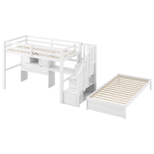 Lit Mezzanine 90x200 Cm - Lit Enfant Avec Bureau, Étagères Et Escaliers De Rangement - Blanc