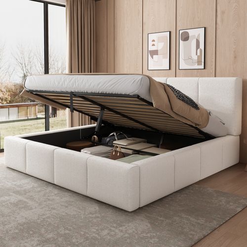 Lit Coffre 180x200 Cm - Lit Avec Sommier à Lattes - Tête Capitonnée - Rangement - Bouclé - Beige