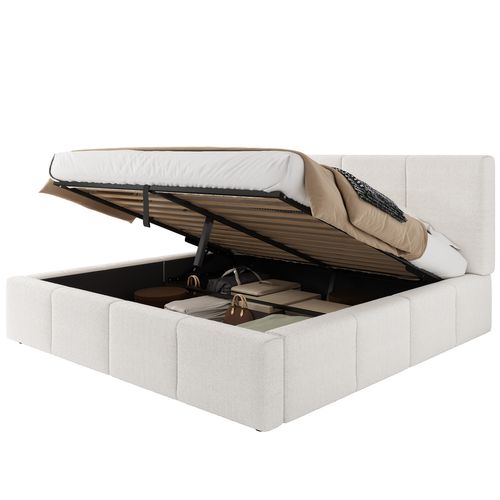 Lit Coffre 180x200 Cm - Lit Avec Sommier à Lattes - Tête Capitonnée - Rangement - Bouclé - Beige