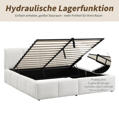 Lit Coffre 180x200 Cm - Lit Avec Sommier à Lattes - Tête Capitonnée - Rangement - Bouclé - Beige