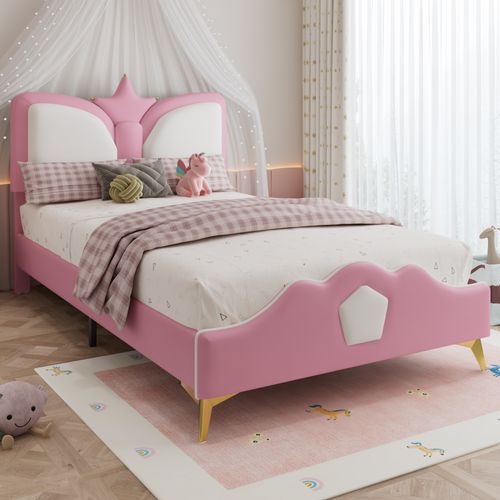 Lit Enfant 90x200 Cm - Lit Capitonné - Bordures Anti-chocs -tête Couronne -contreplaqué - Rose+blanc
