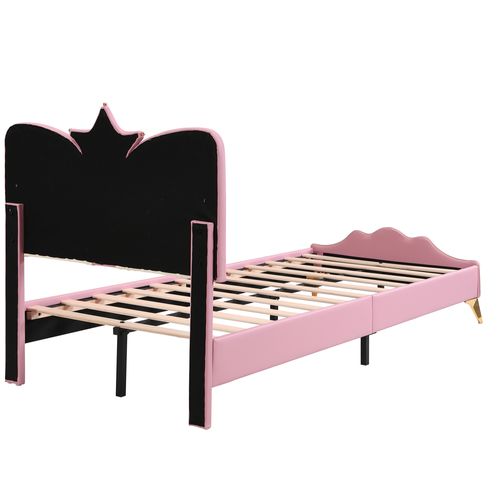 Lit Enfant 90x200 Cm - Lit Capitonné - Bordures Anti-chocs -tête Couronne -contreplaqué - Rose+blanc