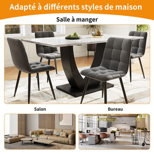 Table à Manger Rectangulaire - Effet Marbre -pieds Réglables -mdf Et Métal - Moderne - Blanc Et Noir