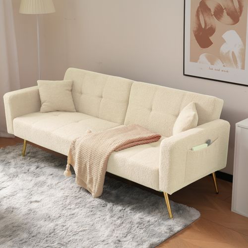 Canapé Droit Convertible 2 Places - Espace De Rangement Et Dossier Ajustable, Tissu Sherpa - Beige