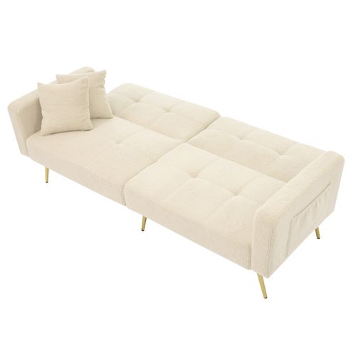 Canapé Droit Convertible 2 Places - Espace De Rangement Et Dossier Ajustable, Tissu Sherpa - Beige