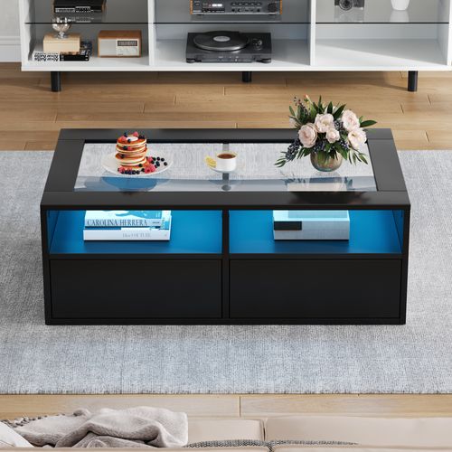 Table Basse LED - Double Niveau Avec Plateau En Verre Trempé - 2 Tiroirs Et Rangement Ouvert - Noir