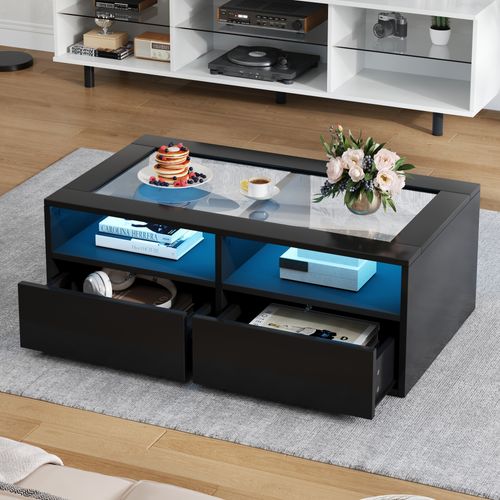 Table Basse LED - Double Niveau Avec Plateau En Verre Trempé - 2 Tiroirs Et Rangement Ouvert - Noir