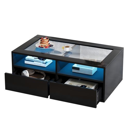 Table Basse LED - Double Niveau Avec Plateau En Verre Trempé - 2 Tiroirs Et Rangement Ouvert - Noir