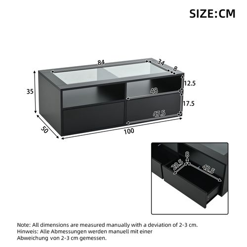 Table Basse LED - Double Niveau Avec Plateau En Verre Trempé - 2 Tiroirs Et Rangement Ouvert - Noir