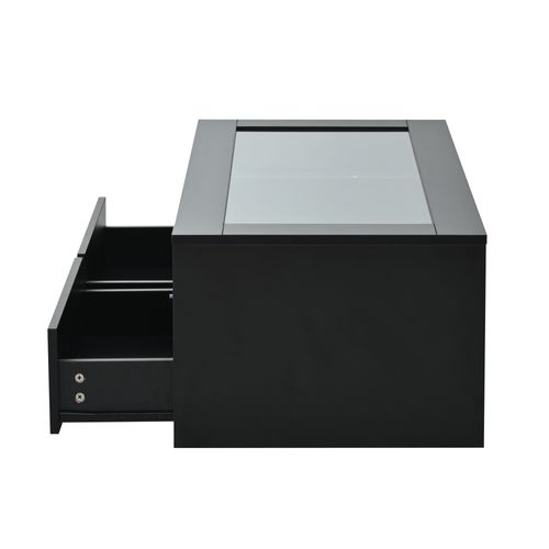 Table Basse LED - Double Niveau Avec Plateau En Verre Trempé - 2 Tiroirs Et Rangement Ouvert - Noir