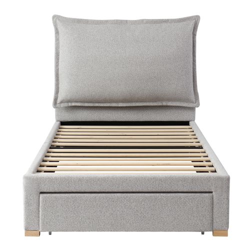 Lit Enfant 90x200 Cm - Lit Simple - Sommier à Lattes - Rangement Intégré - Tissu Chenille - Gris