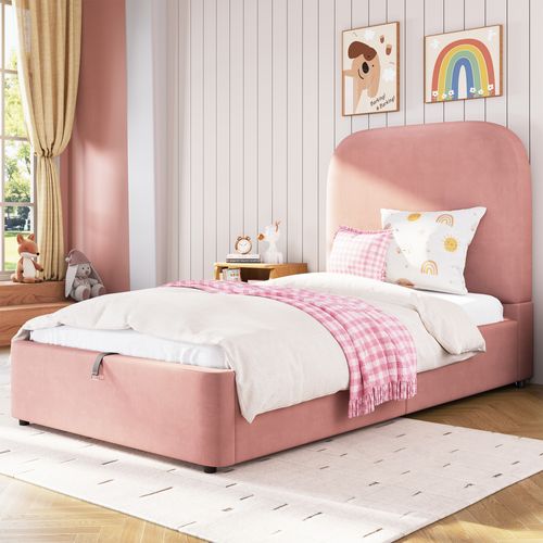 Lit Coffre 90x200 Cm - Sommier à Lattes - Tête Capitonnée - Rangement Hydraulique - Velours - Rose