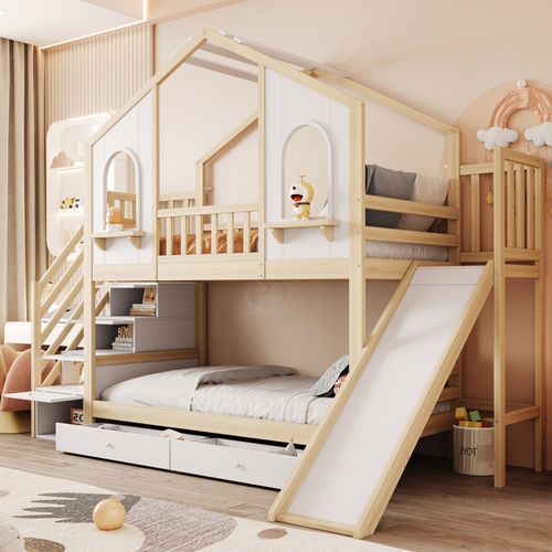 Lit Superposé Enfant 90×200 Cm - Maison - Toboggan - Rangement Intégré - Bois - Blanc